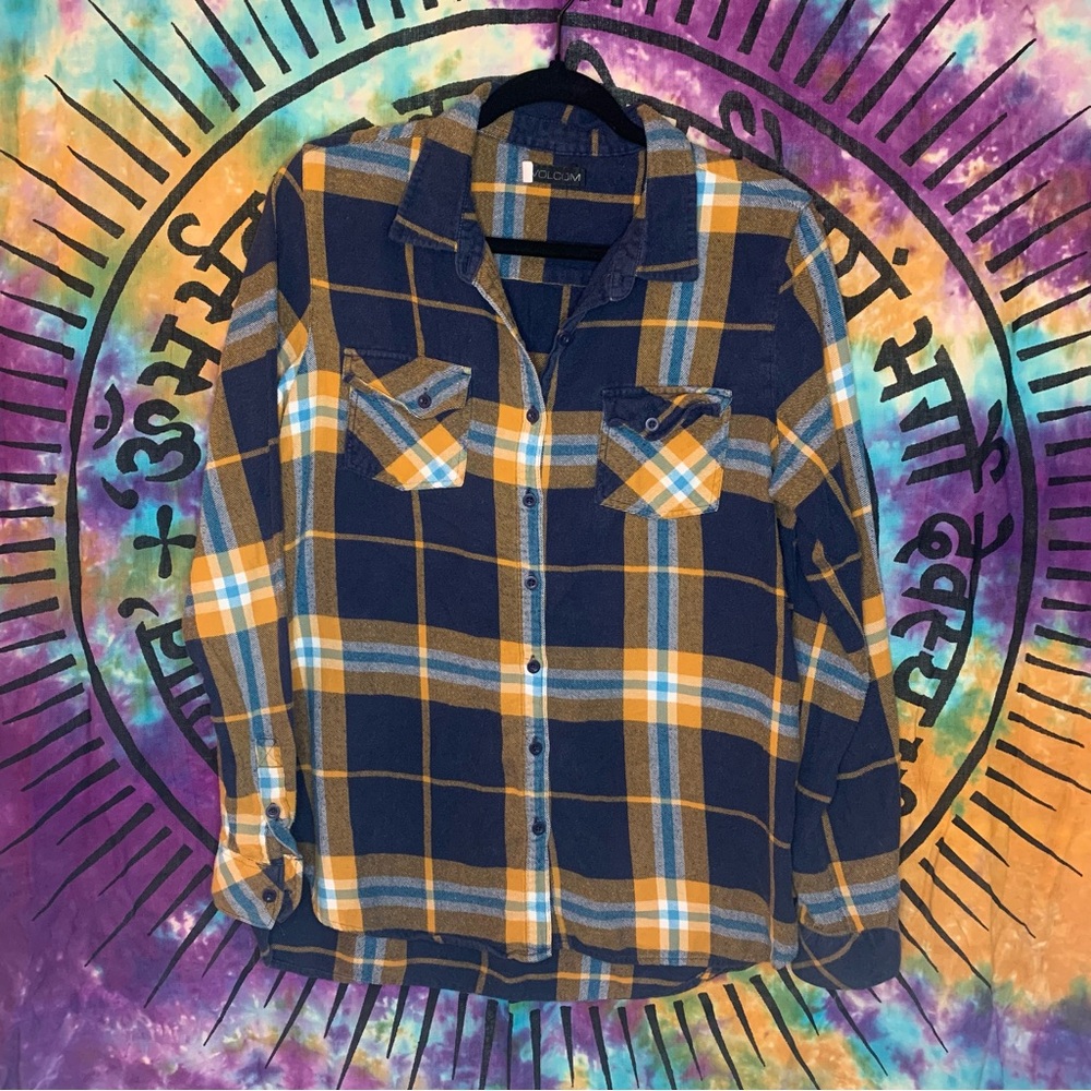 Volcom 100% Cotton Longsleeve Plaid Button-Down Flannel Size M Blue/Yellow